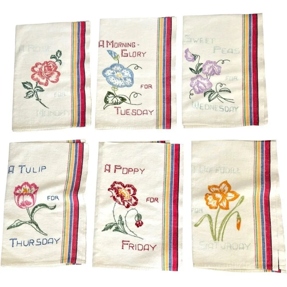 Vintage Days of the Week Set of 6 Colorful Embroidered Flower Dish Towels.